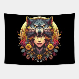 Wild Wolf Woman in Headdress Tapestry