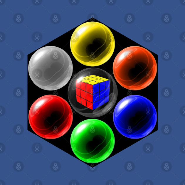 Disover Rubik's Cube in a Glass Ball with Six Surrounding Colourful Glass Balls - Rubik Cube - T-Shirt