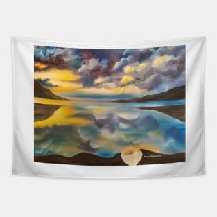 Life Boat, Sky, Water, Lake, Clouds, Skyscape, Waterscape, Row Boat, Blue and yellow, cloudy sky painting Tapestry