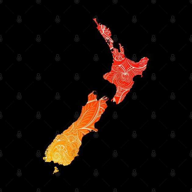 Colorful mandala art map of New Zealand with text in red and orange by Happy Citizen