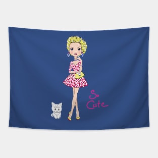 Pop Art girl in dress with cat Tapestry