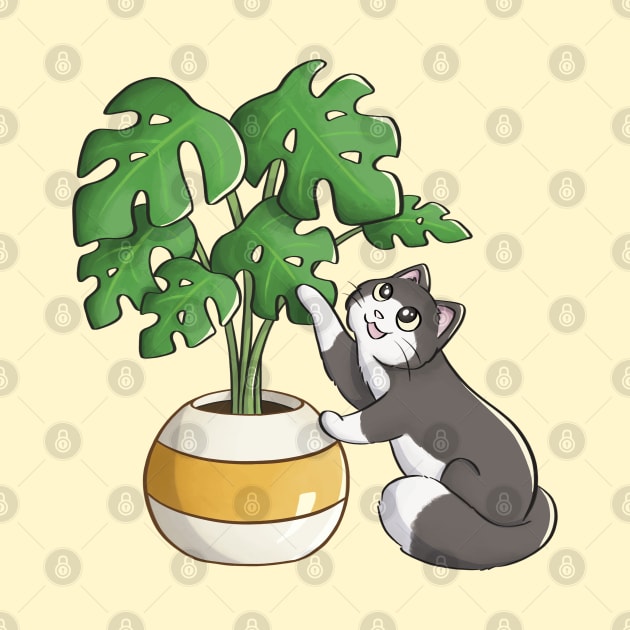 Cat Playing With Monstera Leaf by Meowrye