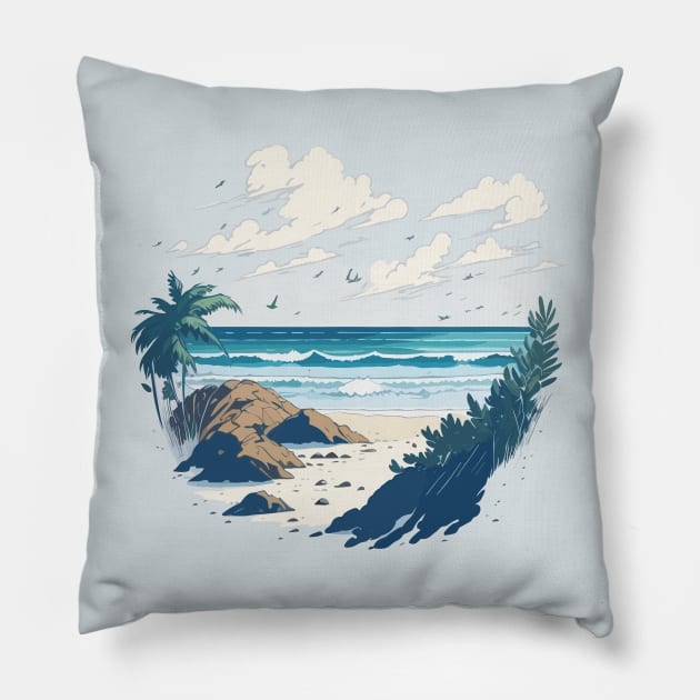 Tropical beach with palm trees and rocks. Pillow by webbygfx