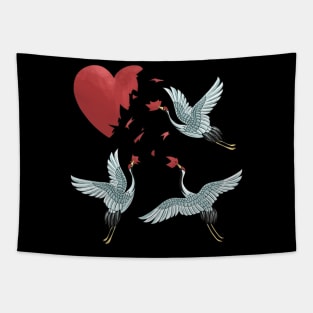 Crane birds with a broken heart best gift for a lonley and single valentine's day Tapestry