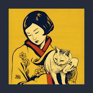 Asian Relaxed Woman with Cat T-Shirt