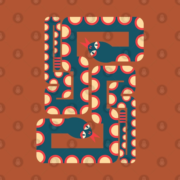 TWO RETRO GRAPHIC SNAKES Geometric Dark Blue and Red - UnBlink Studio by Jackie Tahara by UnBlink Studio by Jackie Tahara