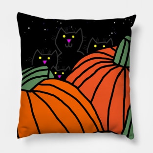 Night time in the Halloween pumpkin patch with four cats Pillow