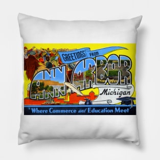 Greetings from Ann Arbor Michigan, Vintage Large Letter Postcard Pillow