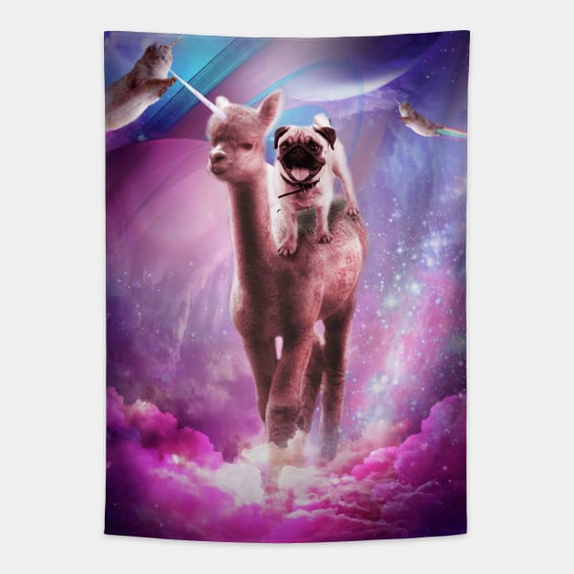 Funny Space Pug Riding On Alpaca Unicorn Tapestry by Random Galaxy
