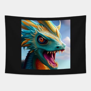 Ferocious Cyan and Gold Baby Dragon Tapestry