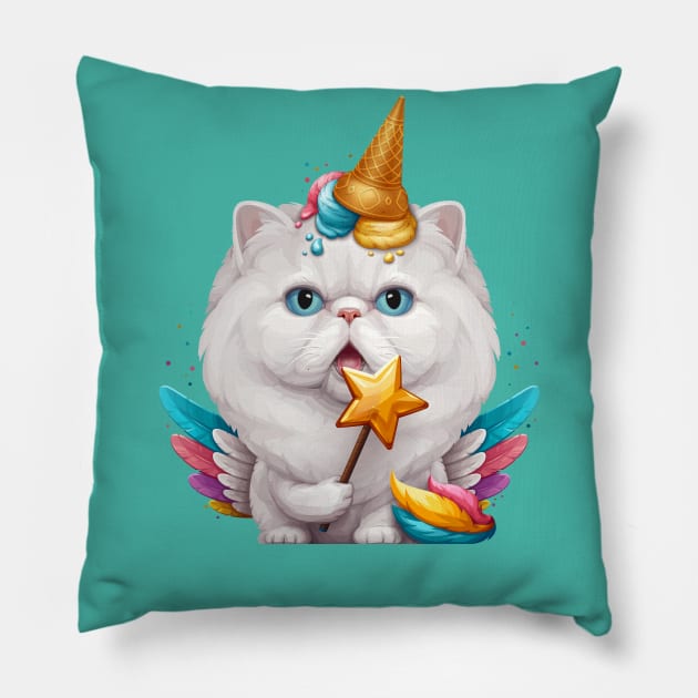 White Persian Cat Ice Cream Unicorn Pillow by stonemask