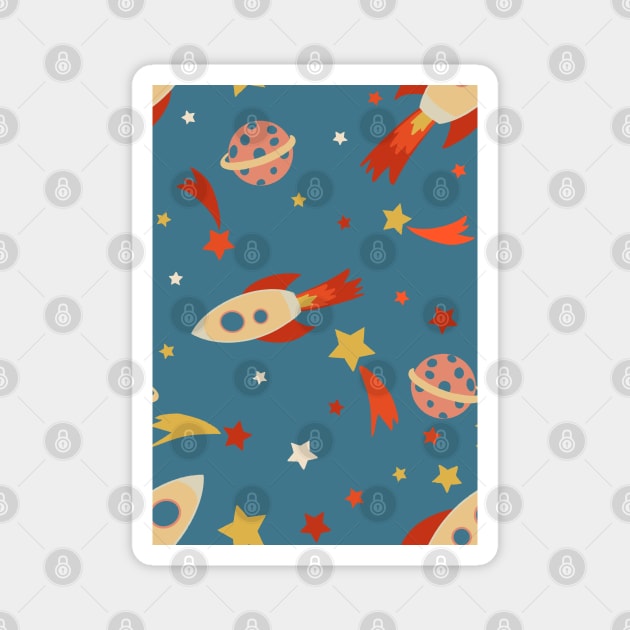 Retro Rocketship Racers repeat pattern on blue background Magnet by NattyDesigns