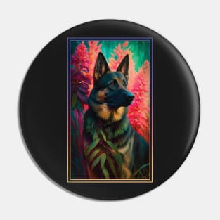 German Shepherd Dog Vibrant Tropical Flower Tall Digital Oil Painting Portrait  3 Pin