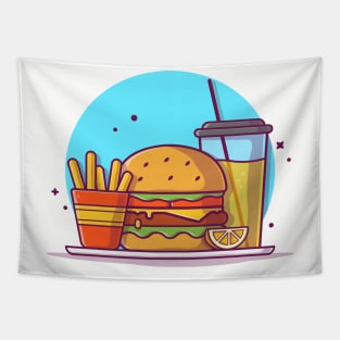 Burger with Orange Juice, Lemon, Mustard, and French Fries Cartoon Vector Icon Illustration Tapestry