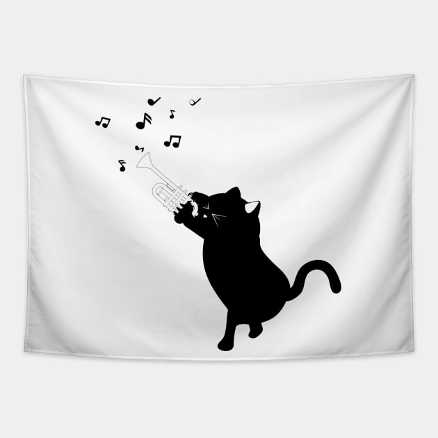 Black cat playing trumpet Tapestry by AnnArtshock