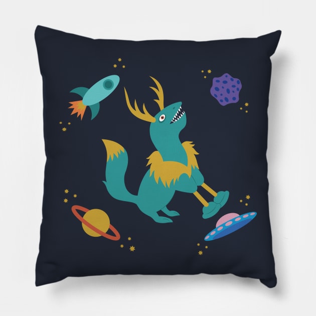 Teal Antler Creature in Outer Space Pillow by AlisonDennis