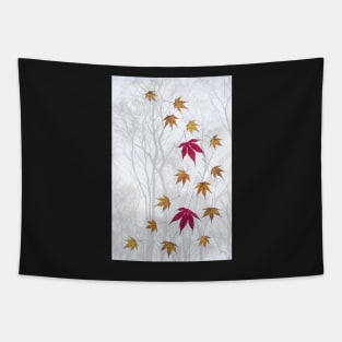 Acer Leaves with Misty Trees Background Tapestry