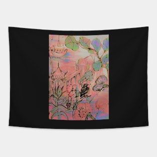 PINK ORIENTAL GARDEN , PAGODA DECO DESIGN , FLORAL ASIAN ART POSTER Tapestry