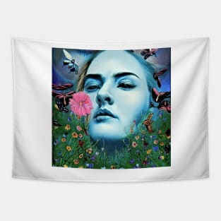 Digital portrait of young  Woman with  flowers and butterflies Tapestry