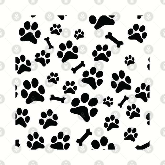 Black Puppy Paw Prints and Bones On White Pattern by SubtleSplit