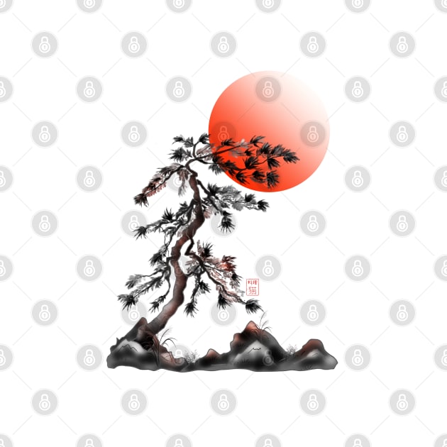 One japanese pine tree with a red rising sun by cuisinecat