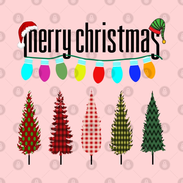 Merry Christmas, plaid Xmas trees, santa hat, elf hat and colorful Christmas lights by Blended Designs