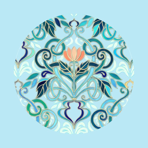 Ocean Aqua Art Nouveau Pattern with Peach Flowers by micklyn