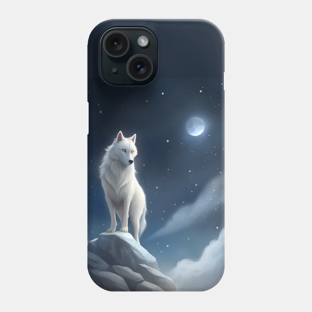 White Wolf Hunting Ground, Winter Mountain Icy Moon, Forest, Galaxy Beautiful gifts Novelty a Wolf portrait Watercolor Phone Case by sofiartmedia