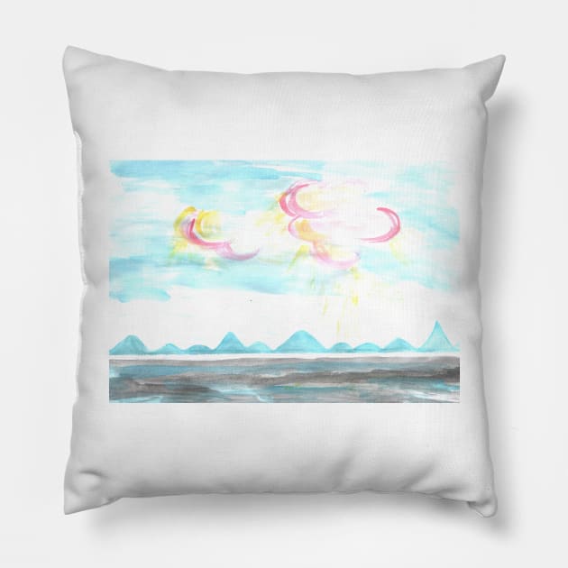 Scenery. Nature. Sun, sky, mountains, water. A calm image for a good mood. Pillow by grafinya