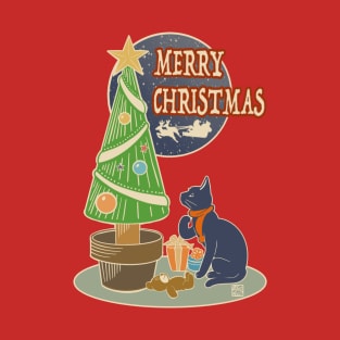 Xmas Tree And Black Cat T-Shirt