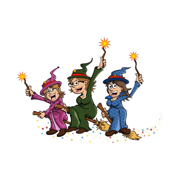 Three happy witches on a broom by Stefs-Red-Shop