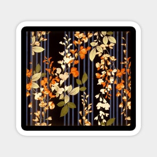 WHITE ORANGE FLOWERS AND BLUE BLACK STRIPES Antique Japanese Floral Magnet