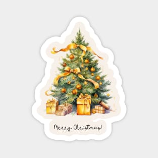 Gold Christmas Tree with Presents Watercolor Art Magnet