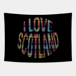 I LOVE SCOTLAND Pink, Yellow and Blue Tartan Colour Typography Design Tapestry