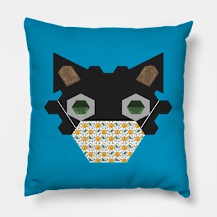 Black Cat Wearing Pixel Flower Mask Pillow