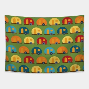 Caravans trailer RV campervan blue red yellow in a row. Green background. Fun vehicle pattern for boys Tapestry