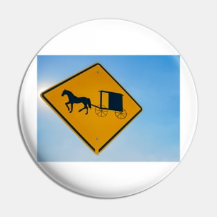 Amish traditional horse and buggy road sign yellow on blue background Pin