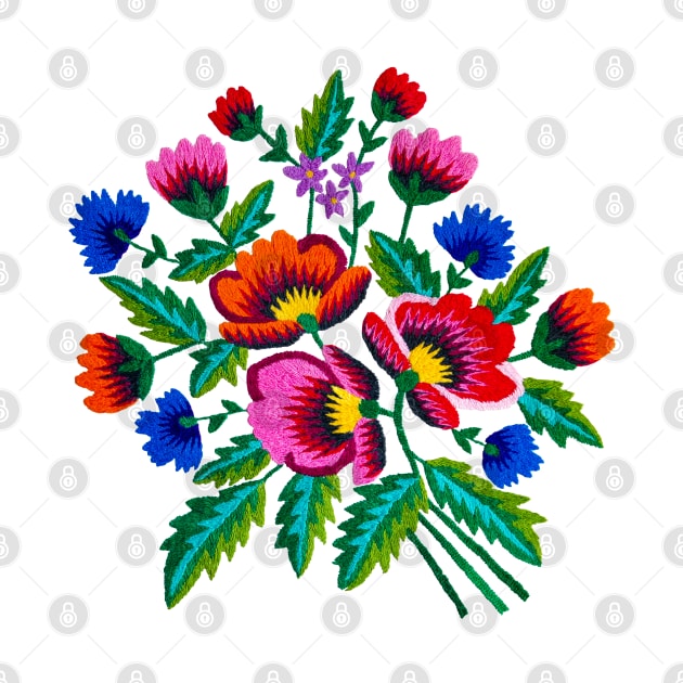 Grandmommy Flowering Bouquet - Poppies Centaurea Violet - Green Leaves - Blossom - Satin Stitch Embroidery - Colorful Wild Flower by GrandTartaria