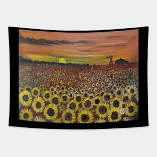 In the Sunflower Field at Sunset Tapestry