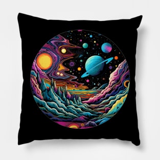 Surrealist space artwork with planets Pillow