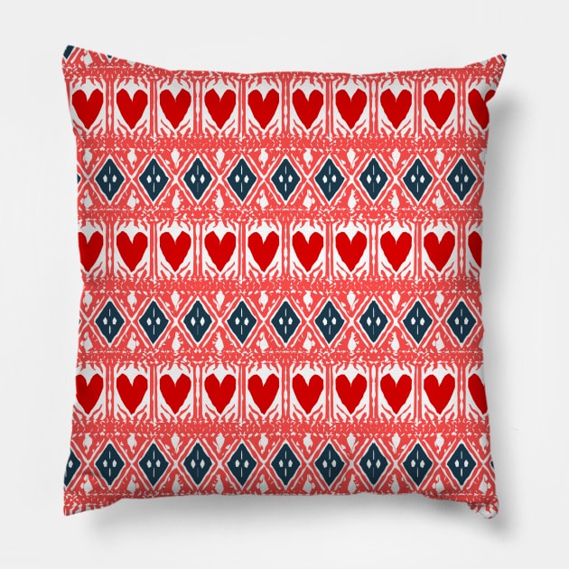 Croatian Traditional Pattern Navy Blue Red Heart Pillow by EshiPaints