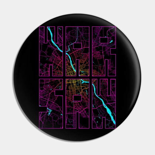 Warsaw, Poland City Map Typography - Neon Pin by deMAP Studio