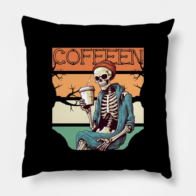 Coffeen - Skeleton Enjoying Coffee, Halloween Graphic Pillow by theworthyquote