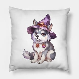 Watercolor Siberian Husky Dog in Witch Hat Pillow