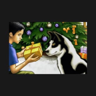Boy and His Dog Opening Christmas Presents - Greeting Card T-Shirt