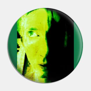 Portrait, digital collage, special processing. Weird and bizarre. Face of man, thinking about something. Green. Pin