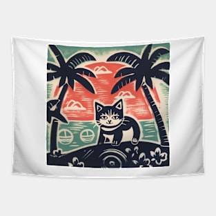 Kauai Linocut Kitty Tapestry