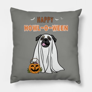 Happy Howl-O-Ween Pug Ghost Dog Design Distressed Pillow