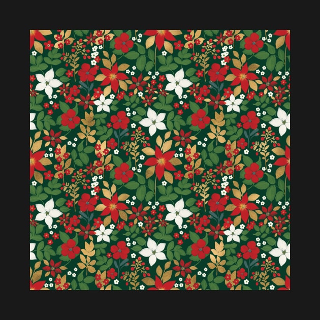 Elegant Green Winter Red White Gold Floral Pattern by NdesignTrend