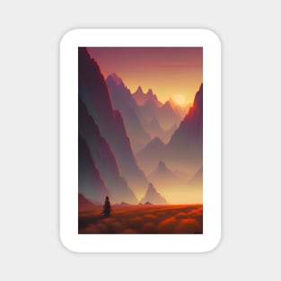 Anime Girl - Mountain Range at Sunset Landscape Magnet